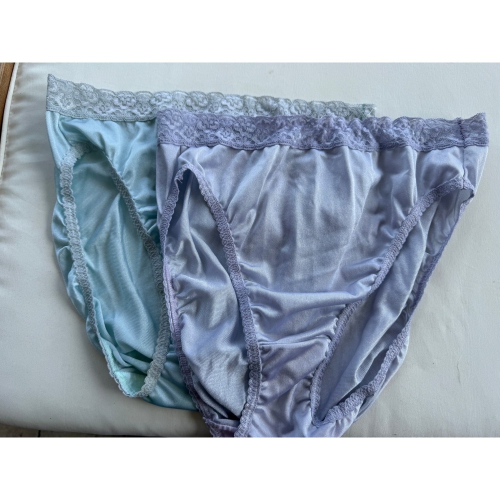 2 Vintage 80's Fruit of the Loom High Cut Brief Panties Lace Trim Purple Blue